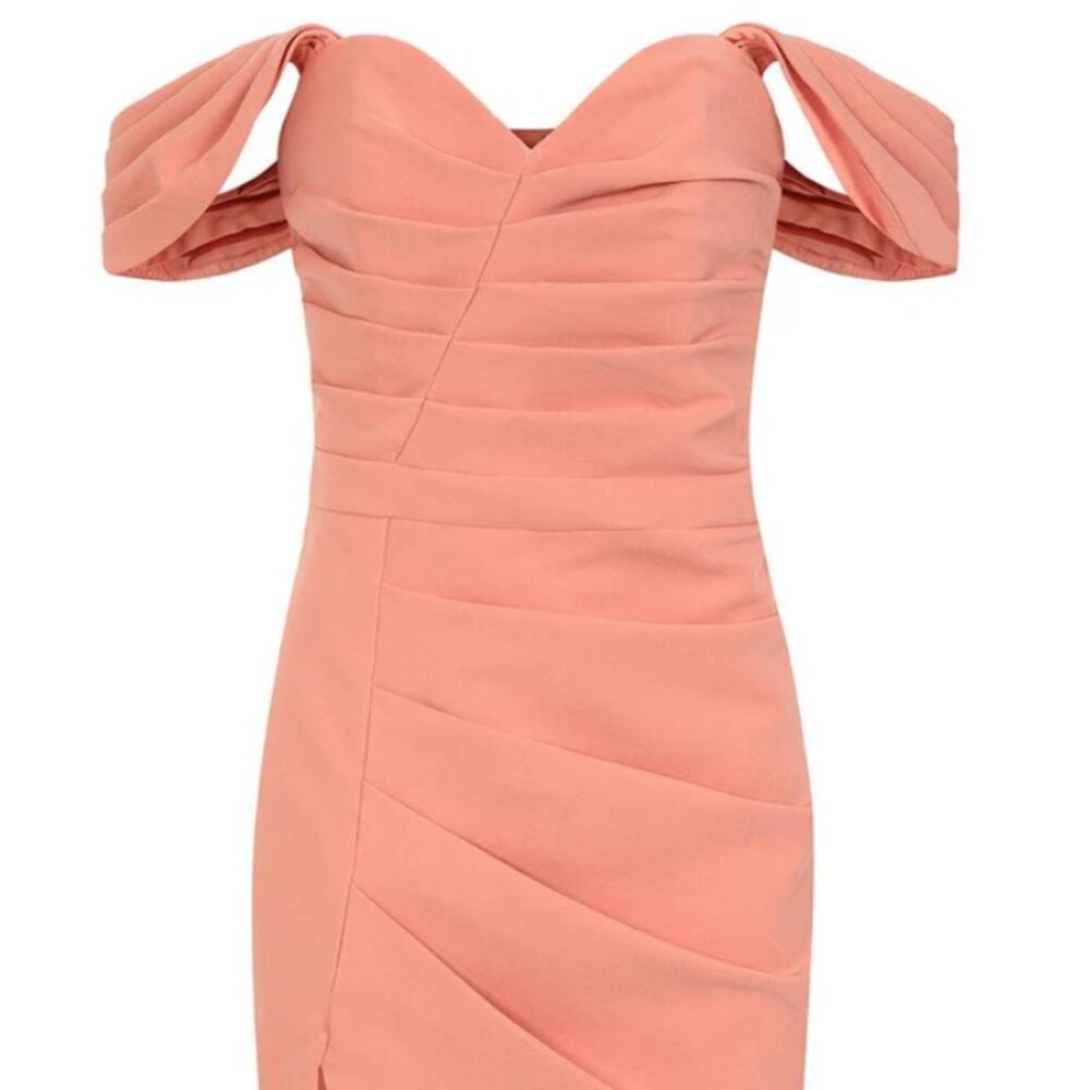 HAILEY Pleated Bardot Midi Dress In Coral